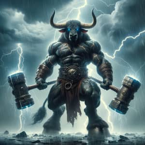 Powerful Minotaur with Dual Hammers in Turbulent Thunderstorm