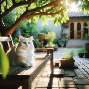 White Cat Enjoying Serene Garden Patio | Tranquil Scene