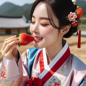 Korean Woman in Hanbok Enjoying Ripe Strawberry
