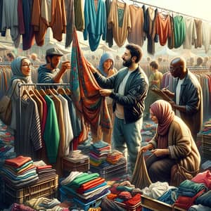 Bustling Flea Market with Colorful Garments & Diverse Buyers
