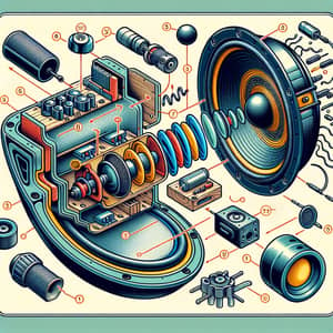 Illustration of Speaker Components and Sound Waves | Educational Style