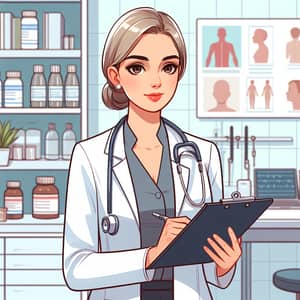 Caucasian Female Doctor with Stethoscope and Clipboard in Medical Office