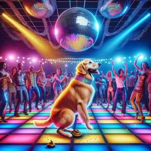 Colorful Disco Scene with a Playful Golden Retriever