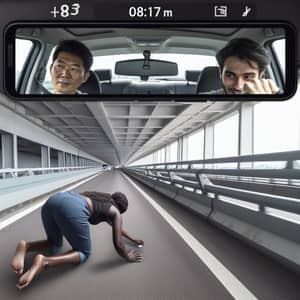 Car Driving Over Bridge with Asian Man and African Woman Inside