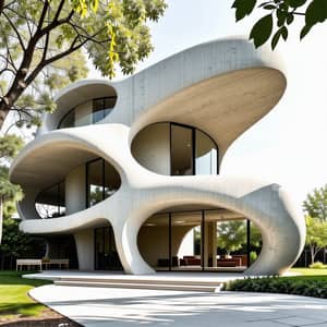 Modern 3D Printed Concrete House with Organic Shapes and Large Windows