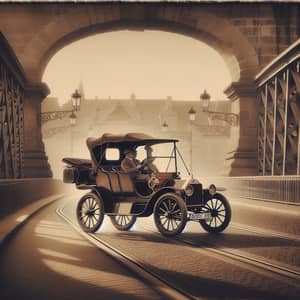 Vintage Car Crossing Historic Bridge - Antique Feel Photo