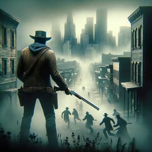 Eerie City Scene with Mysterious Fog and Lone Figure