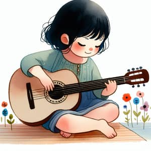 Child with Black Hair Playing Guitar in Disney Style