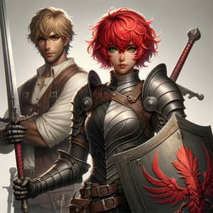 Armored Red-Haired Girl with Sword and Shield Protects Male Companion