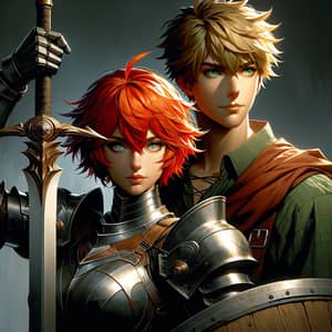 Fierce Red-Haired Warrior Girl with Giant Sword and Shield