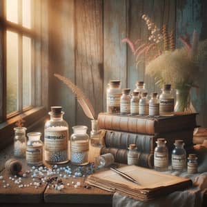 Homeopathy Still Life Art with Healing Herbs and Bottles