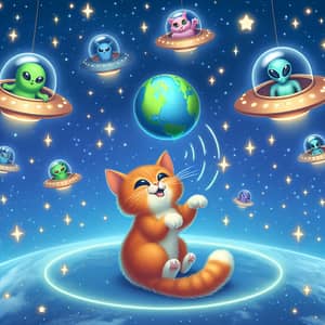 Whimsical Space Cat Playing with Earth and Aliens