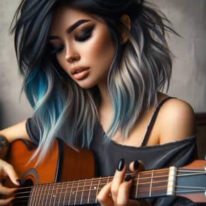 Hispanic Woman with Ombre Black to Blue Hair Playing Guitar