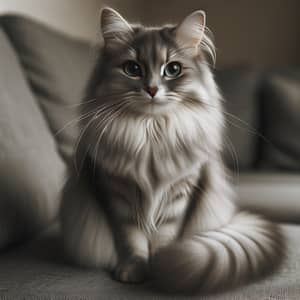 Furry Domestic Cat with Sleek Grey Coat and Mesmerizing Green Eyes