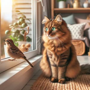 Brown Furry House Cat with Green Eyes by Window | Cozy Home Scene