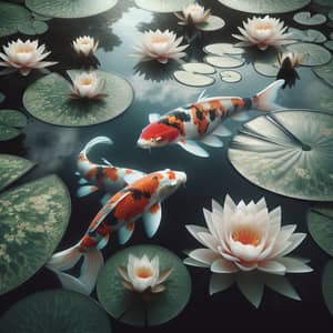 Japanese Koi Fish Swimming Among Water Lilies