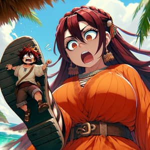Surprised Red-Haired Anime Woman and Clinging Male Figure on Tropical Island