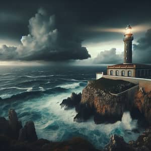 Vintage Lighthouse on Majestic Cliff | Stormy Seascape