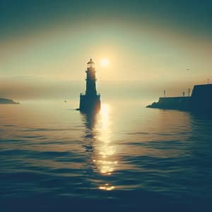 Tranquil Maritime Scene at Dusk | Lighthouse Glow on Calm Sea