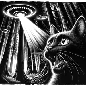 Captivated Black Cat and Flying Saucers in Ancient Forest