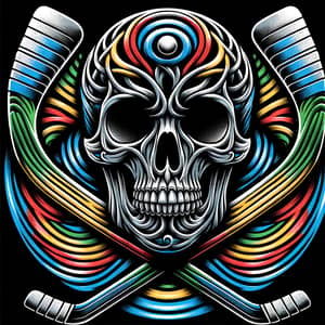 Psychedelic Steel Skull with Ice Hockey Sticks - Sports-Inspired Art