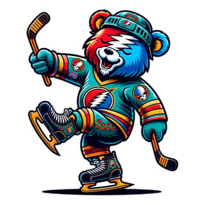 Colorful Grateful Dead Bear in Ice Hockey Pose