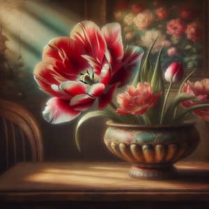 Vintage Tulip: Lush Red and Pink Radiance in Aged Porcelain Pot