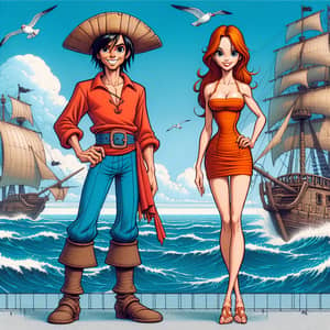 Pirate Adventure: Oceanic Scene with Male Pirate and Muscular Woman