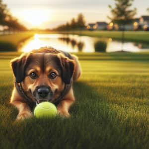 Playful Dog Chasing Tennis Ball in Park