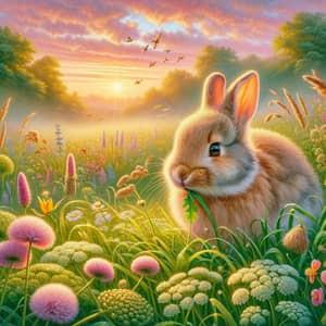 Serene Sunrise Meadow with Fluffy Rabbit and Wildflowers