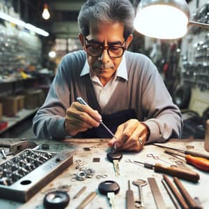 Skilled South Asian Locksmith Crafting Car Key