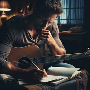 Inspired Musician in Dimly Lit Room with Guitar and Notebook