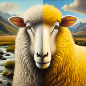 Golden and White Sheep in Scenic Oil Painting Landscape