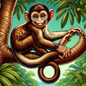 Detailed Illustration of Playful Monkey on Jungle Tree Branch