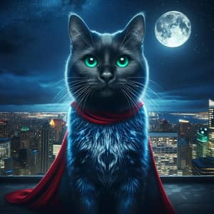 Mysterious Superhero Cat with Glowing Green Eyes and Midnight Blue Fur