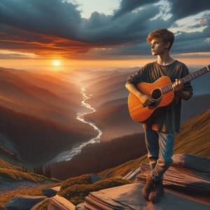 Serenity and Awe: Young Boy with Wooden Guitar on Mountain Peak