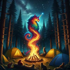 Mystical Forest Night: Unicat, Tents & Bonfire