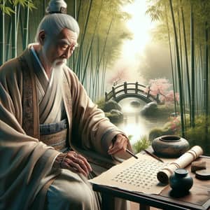 Ancient Chinese Philosopher in Tranquil Bamboo Garden