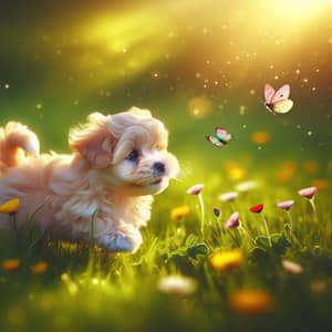Delightful Puppy Playing in Lush Green Meadow