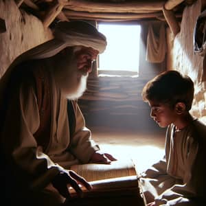 Middle-Eastern Sheikh Imparting Knowledge to Young Boy in a Simple Hut