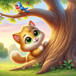 Adorable 2D Cartoon Image of Small Yellow Cat and Bird
