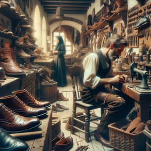 Antique Shoe Workshop Scene: Cobbler Crafting Leather Boots
