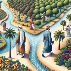 Two Men Walking in Lush Gardens with Palm Trees