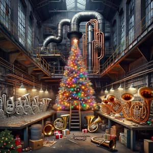Christmas Tree in Tuba Workshop | Industrial Festive Contrast
