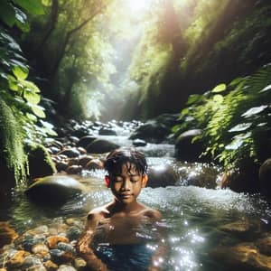 Tranquil Scene of South Asian Boy Swimming in Brook