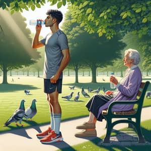 Sunny Park Scene: Young Male Jogger and Elderly Female Feeding Pigeons
