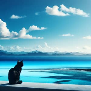 Tranquil Ocean Scene with Curious Black Cat | Website Name