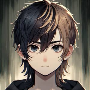 Anime Style Boy with Mullet Hairstyle in Gloomy Environment