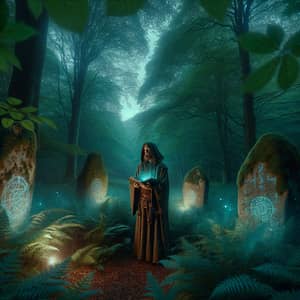 South Asian Druid in Enchanted Forest with Magical Stones