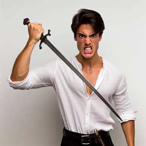 Hispanic Young Man in White Shirt and Black Pants with Sword